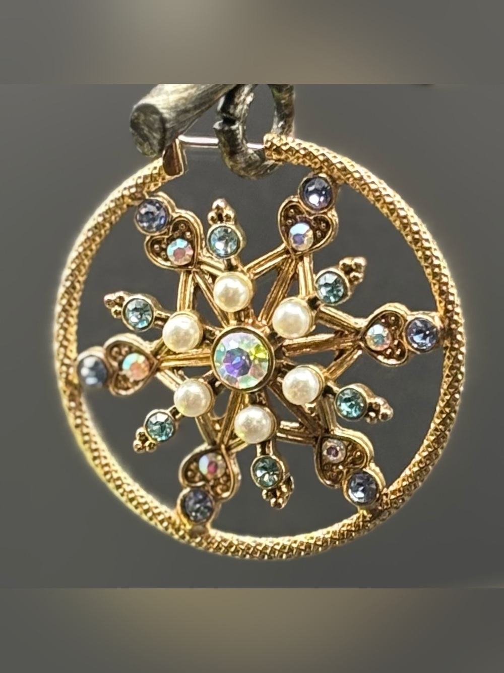 Vintage Gold Tone Snowflake Hoop Earrings AB Rhinestone Pearl UV Glow
